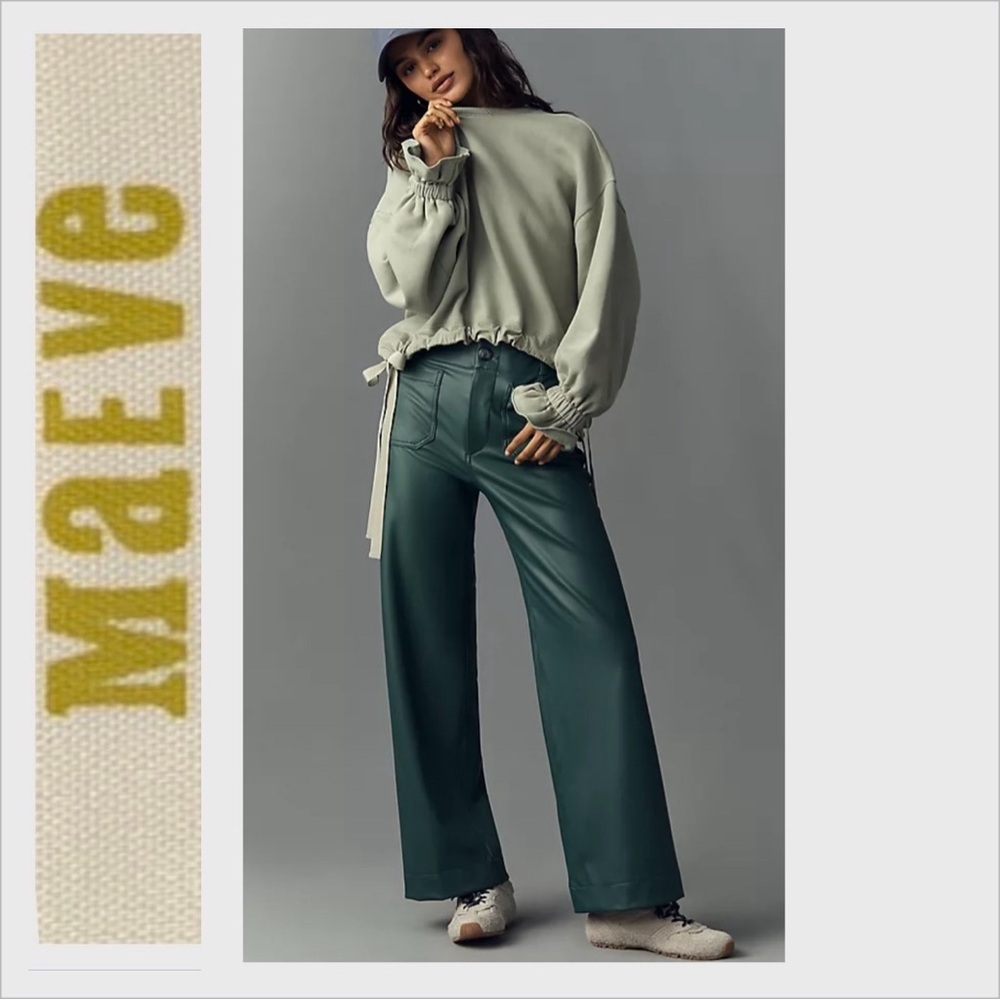 NWOT Anthropologie:Maeve The Collette Cropped Wide-Leg Pants Faux Leather green